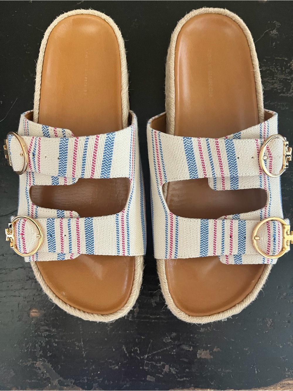 Tory Burch Striped Canvas Double-Buckle Slide Sandals size 8 selby